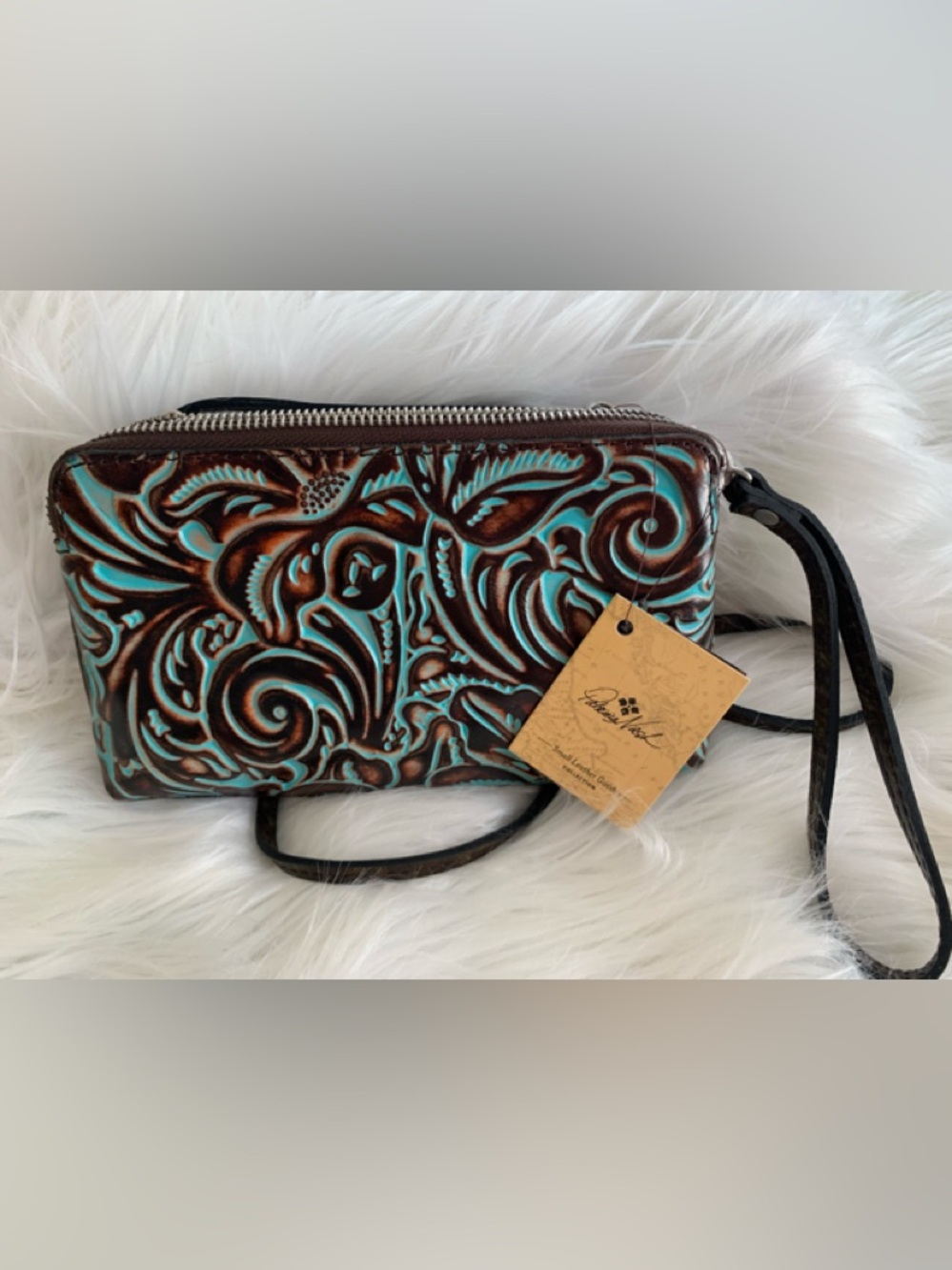 PATRICIA NASH “Cassini” 100% tooled turquoise, leather compact Crossbody bag NWT